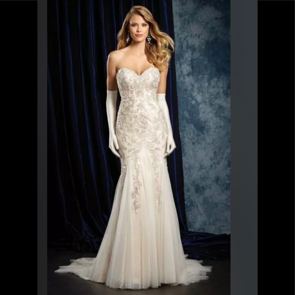 Alfred Angelo #957 Mermaid Fit & Flare Wedding Dress Ivory Silver Size 10 NWT
